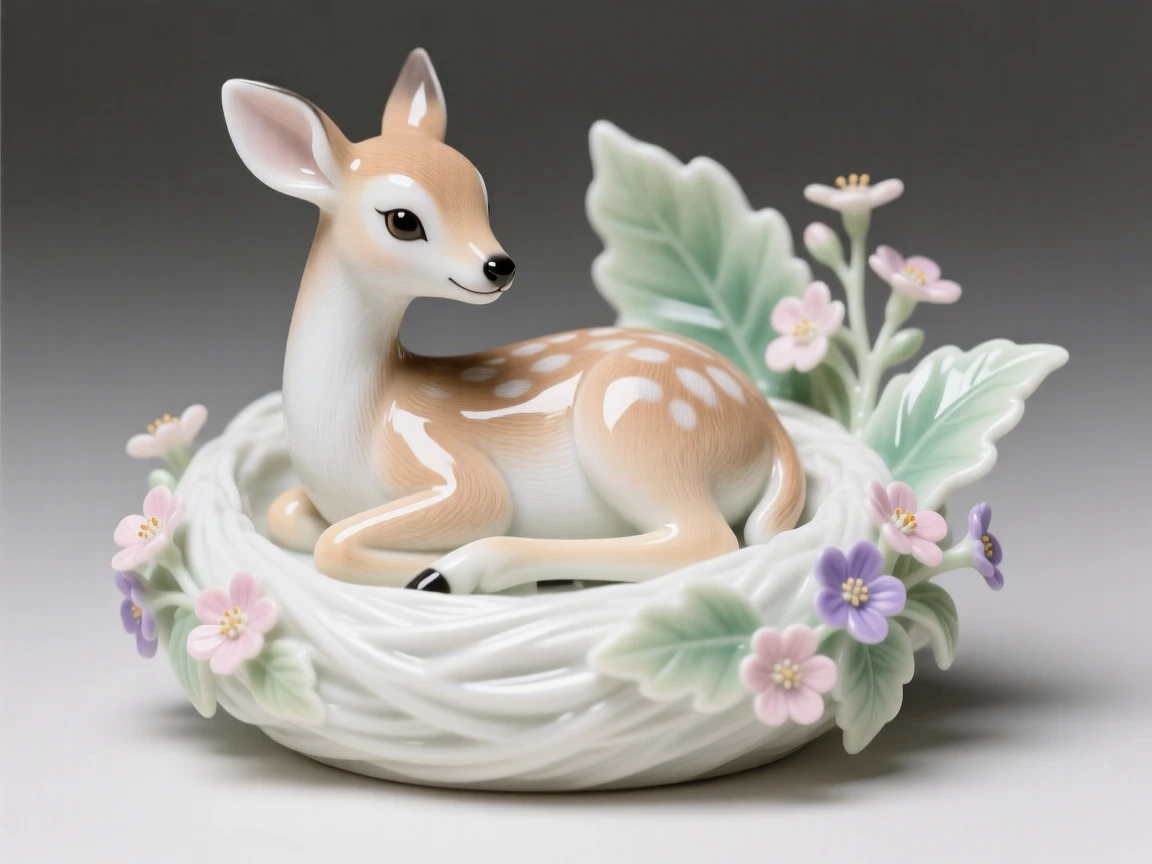 A tiny fawn tucked into a nest of soft leaves, surrounded by tiny wildflowers.