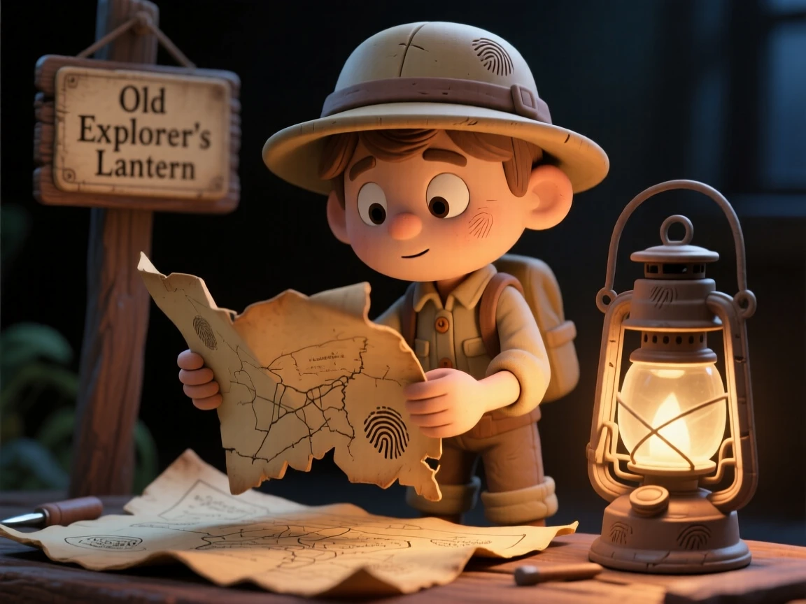 A young explorer studying an old map by lantern light