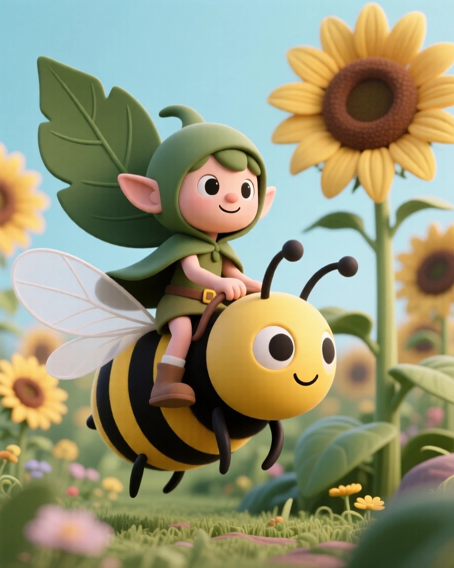 A brave pixie scout in a leaf-shaped cloak rides a bumblebee through a garden of towering sunflowers.