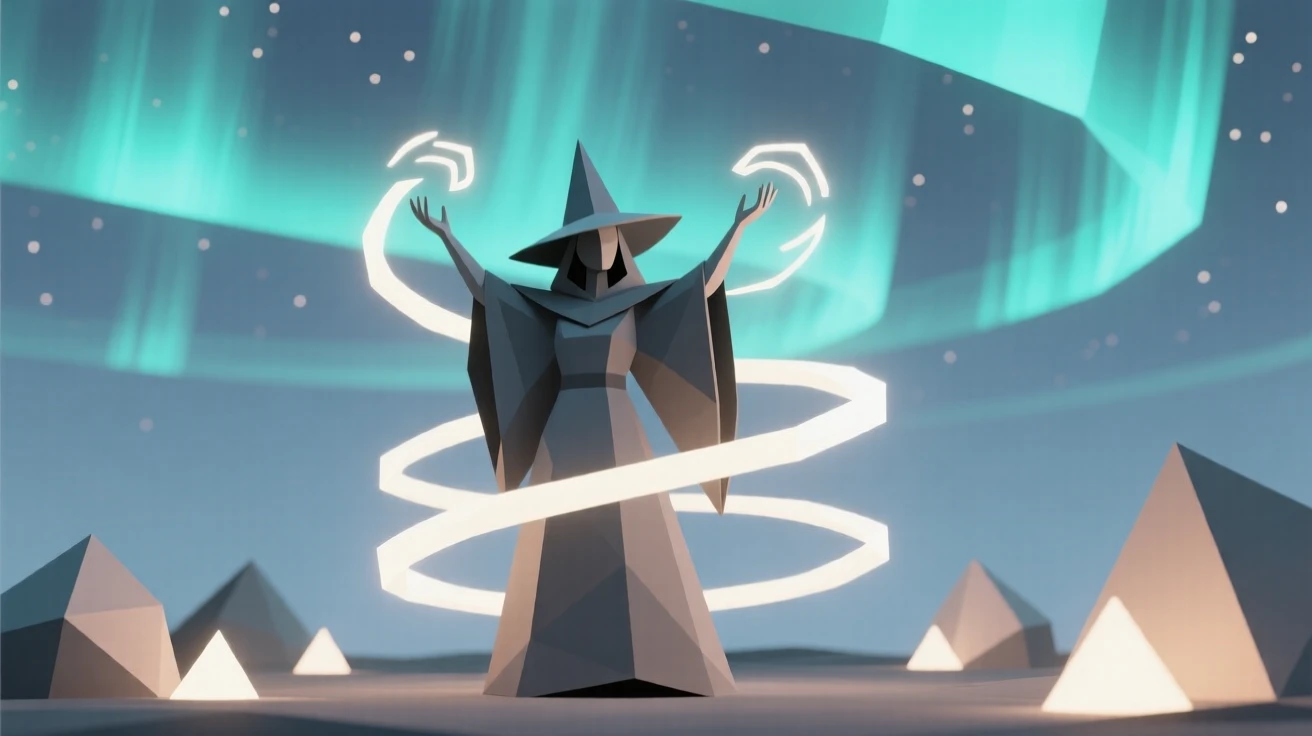 A sorceress conjuring swirling magical light, beneath a sky filled with swirling aurora light. soft glowing light sources create dramatic highlights. There is an air of ancient mystery.