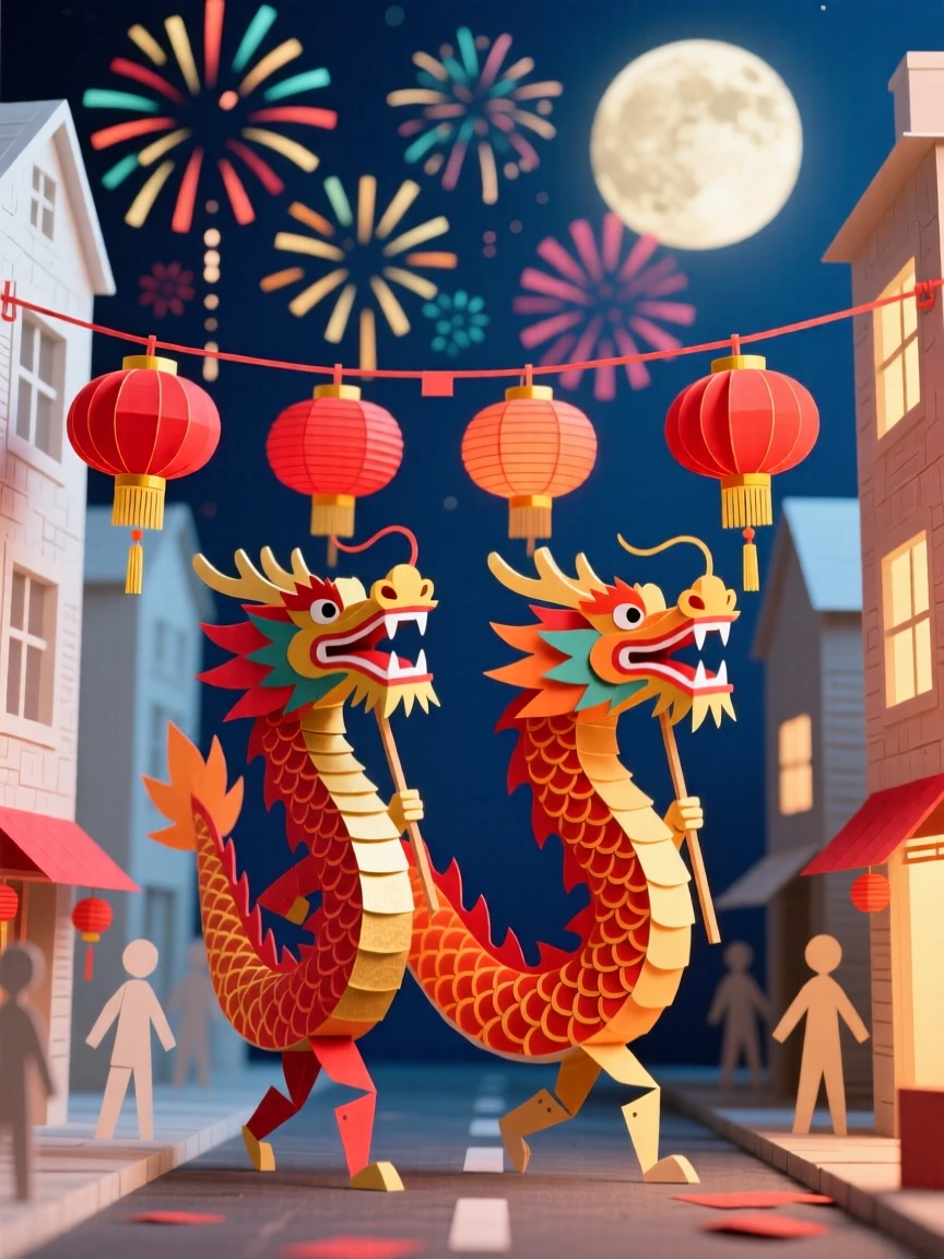 A vibrant Lunar New Year street celebration with red lanterns, dragon dancers, and fireworks lighting up the night sky, evoking cultural festivity and joy.