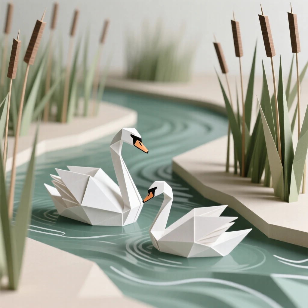 A quiet reed-lined river bend where a family of swans drifts silently past.
