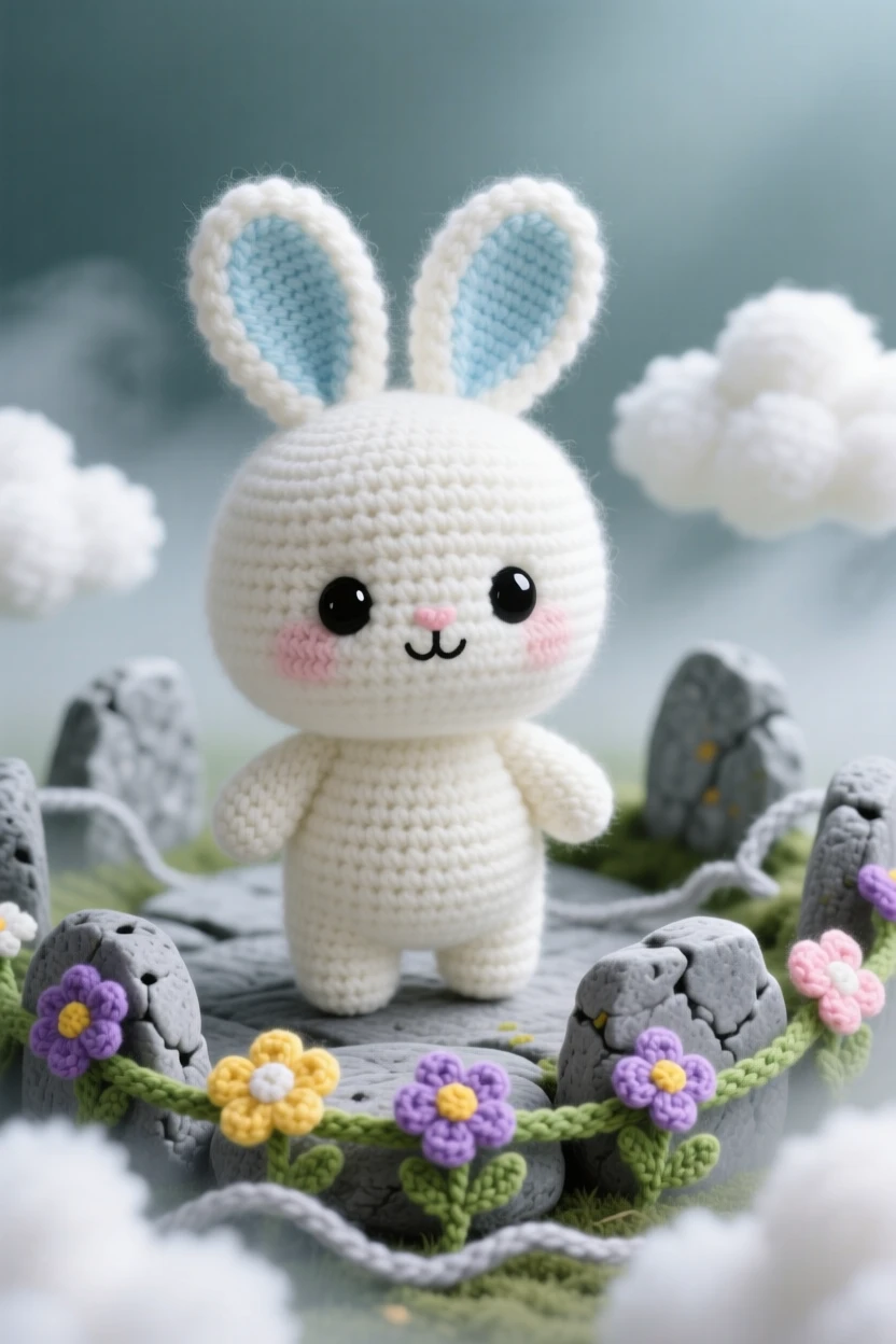 a round baby cloud bunny, with fluffy misty ears, hopping between soft puffy clouds, within an ancient stone circle wrapped in soft fog, near a garland of woven wildflowers, radiating a soft, comforting sense of belonging.