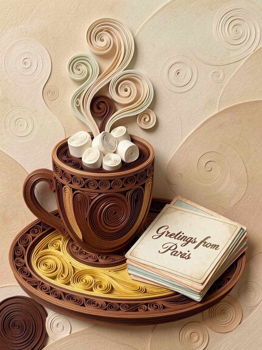 A cozy still life of a steaming mug of hot chocolate topped with marshmallows on a tray beside a stack of vintage postcards, with soft steam rising gently into the air, composed with warm, inviting close-up framing.