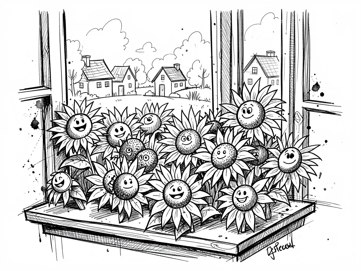 A field of blooming sunflowers on a windowsill overlooking a village.