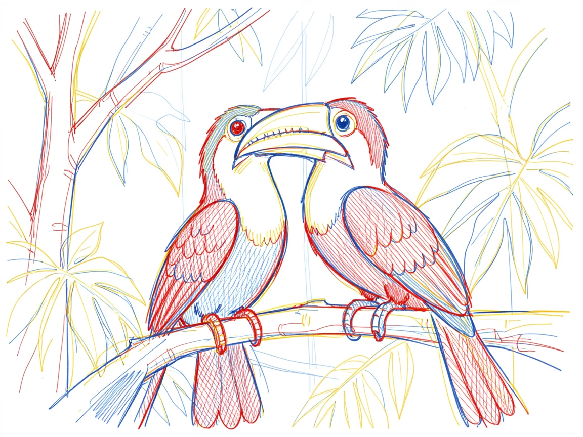 A pair of hornbills perched together in a lush rainforest canopy