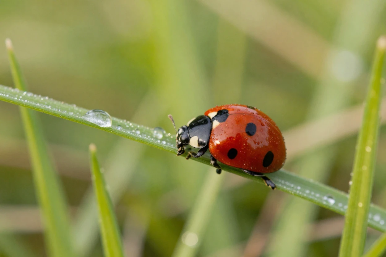 A ladybug crawling along a dew-covered blade of grass