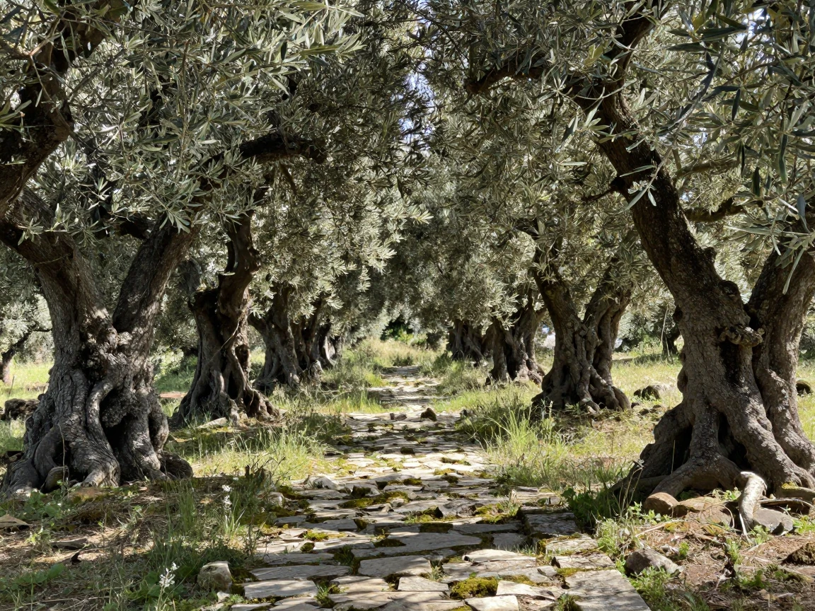 A grove of ancient olive trees casts dappled shade over a stone path.