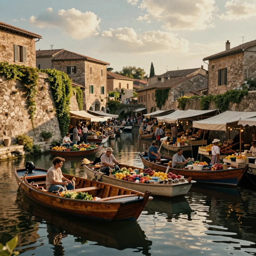 A floating market crowded with wooden boats standing quietly within the walls of an old Italian hill town