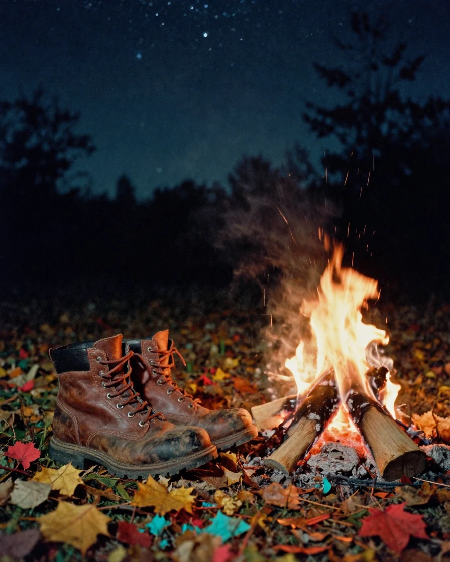 A hiker's boots resting beside a crackling campfire, under a canopy of stars, on a clear, cloudless day, as autumn leaves turn gold and red, in vivid coral and turquoise hues, from a slightly elevated vantage point.