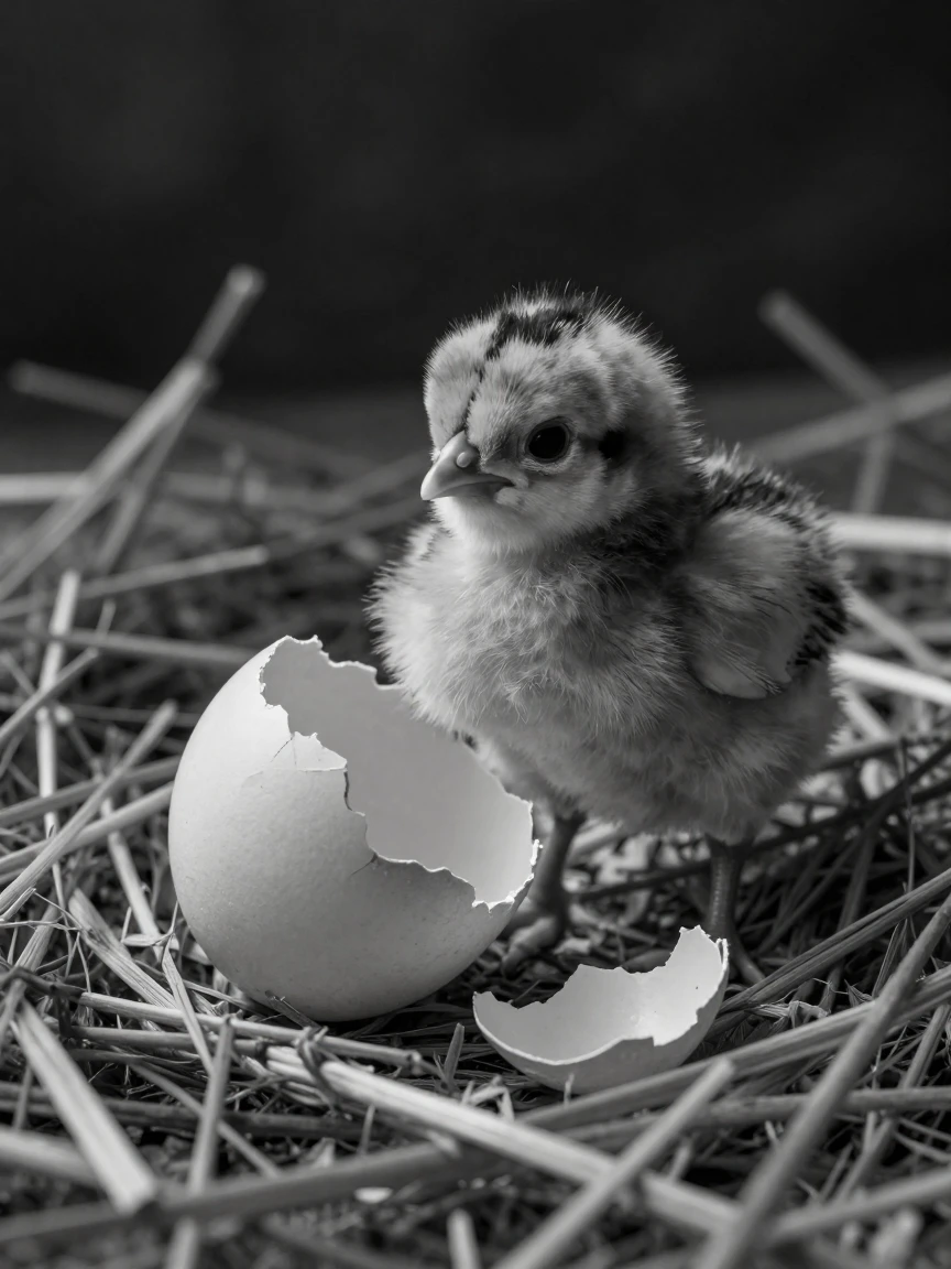 A cracked eggshell reveals a hatching chick beside a bed of soft straw.