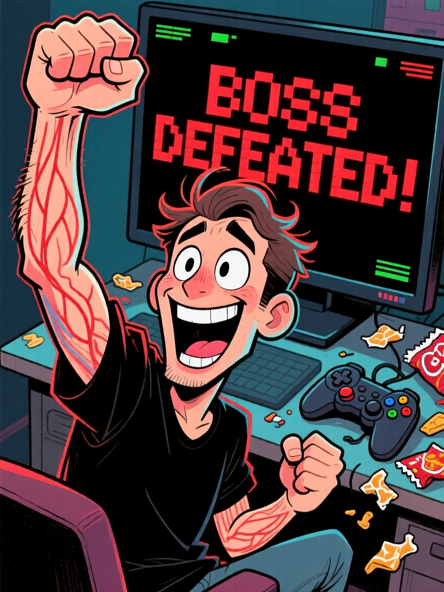 A man mid-fist-pump after finally beating a video game boss.