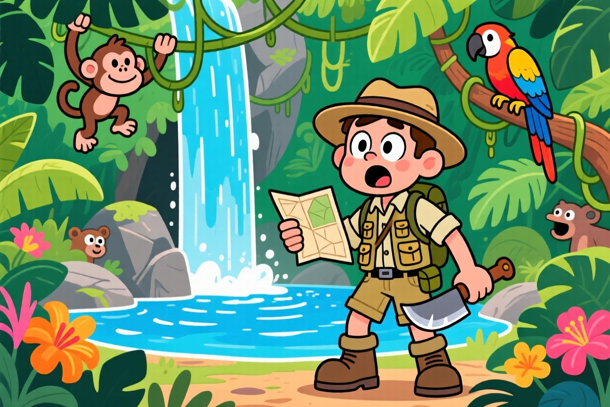 An imaginative fantasy scene of a curious explorer discovering a hidden waterfall behind a jungle vine curtain.