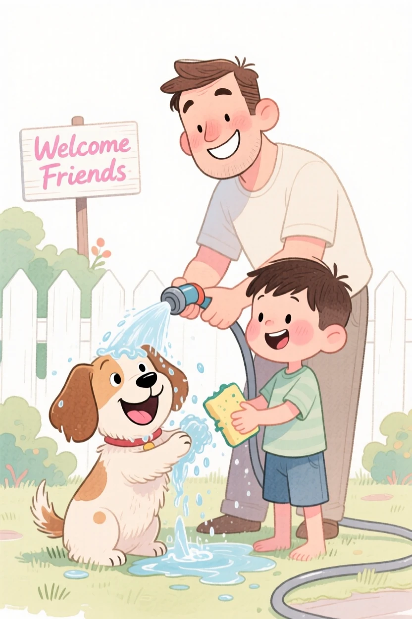 A father and son washing a happy dog together in the front yard