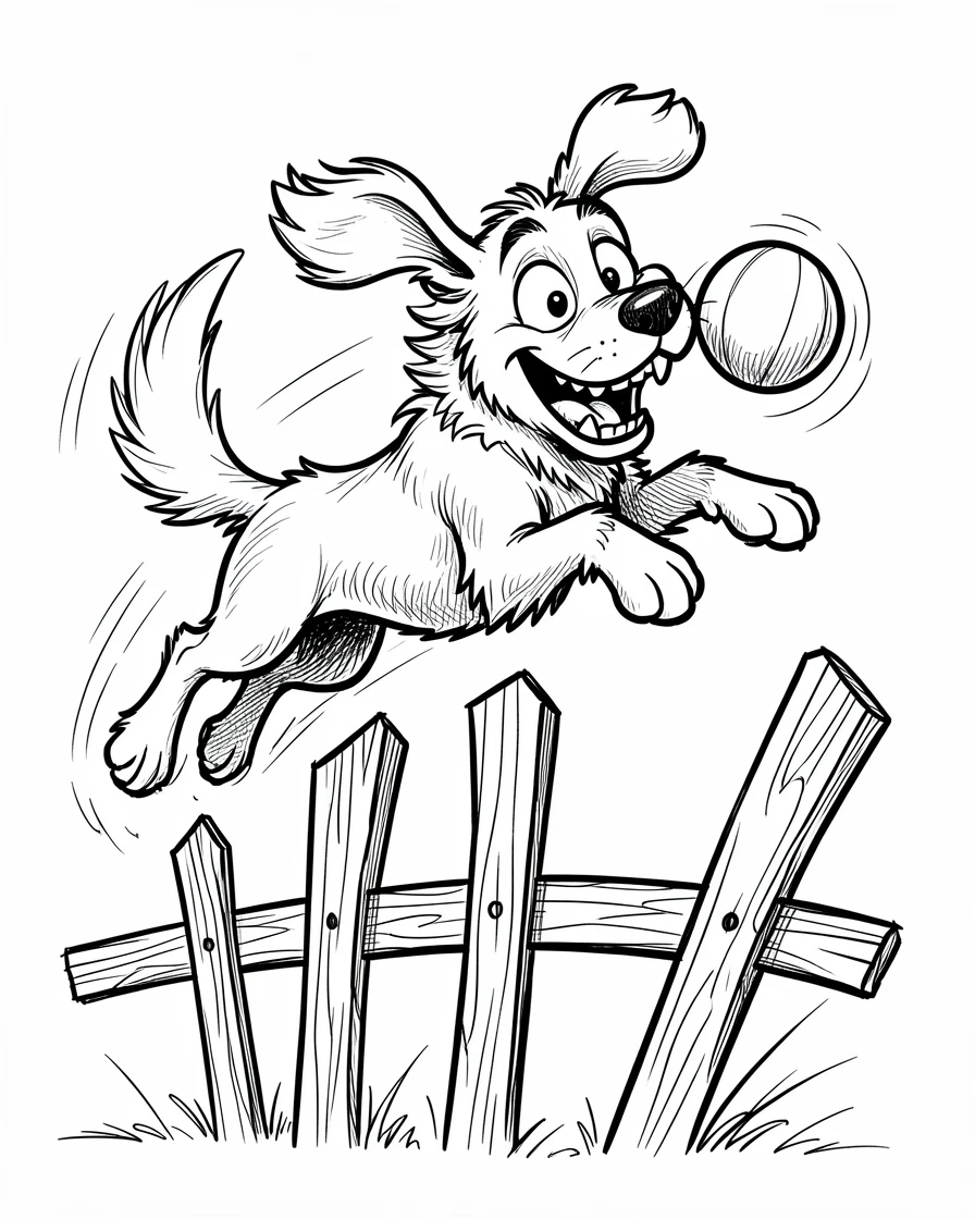 [Cute Animals & Pets] Adorable scene of a spirited retriever catching a ball mid-leap over a fence, bursting with charm and playful energy