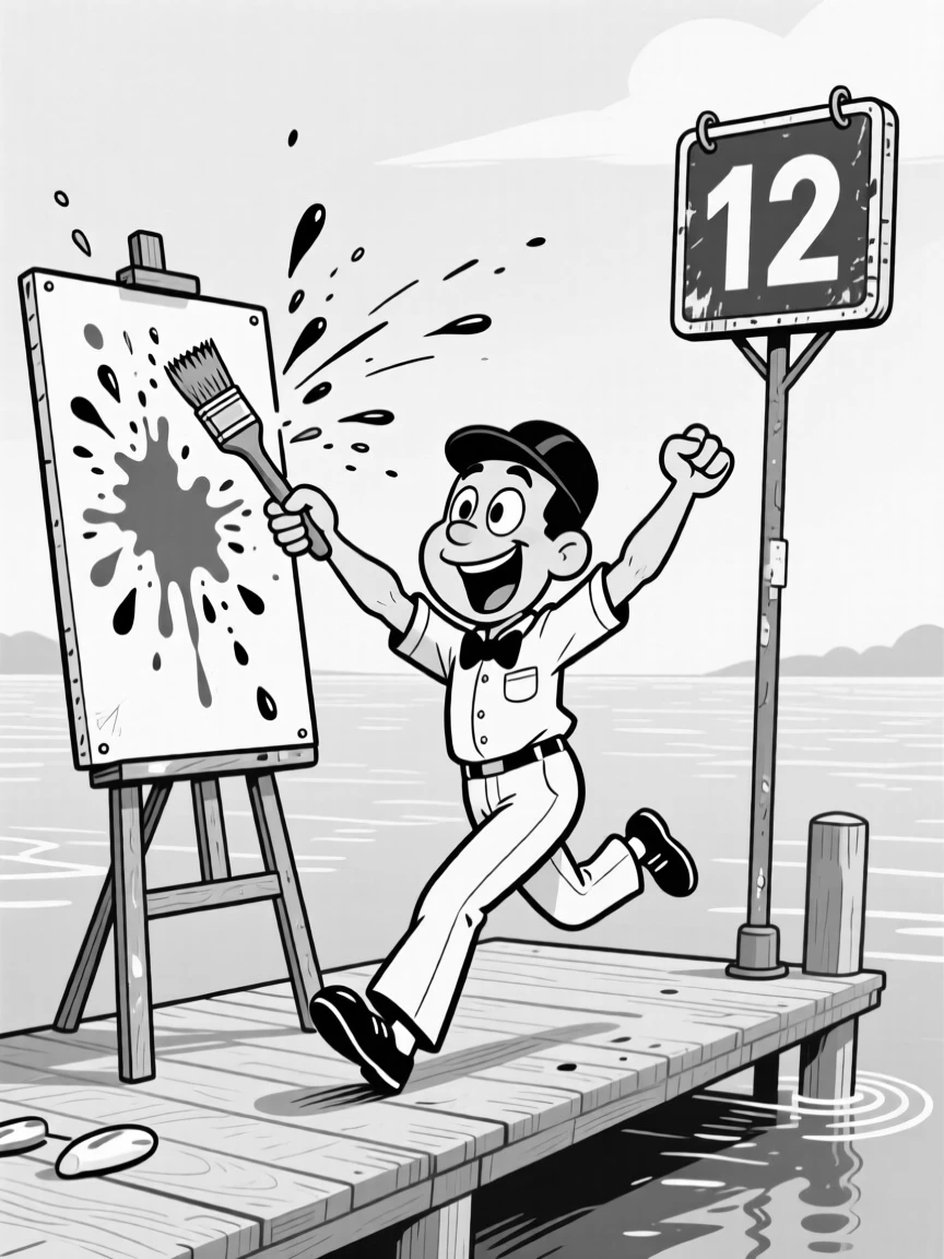A bowler mid-celebration after a strike, flinging a paintbrush that splatters across the canvas, set on a wooden dock beside a calm lake. A scoreboard nearby shows an embarrassingly low number. There's pure, giddy passion radiating from the scene.