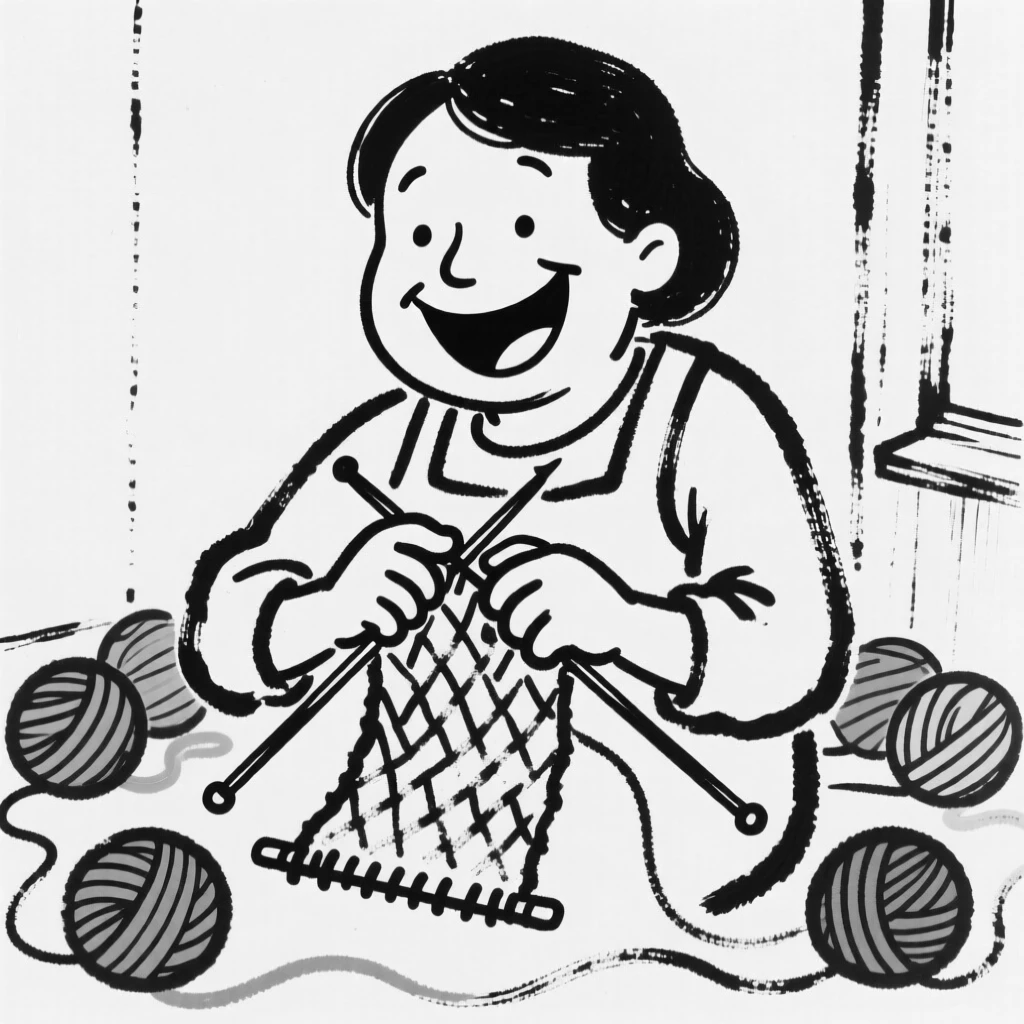A knitter surrounded by colorful yarn, mid-stitch on a cozy afternoon.
