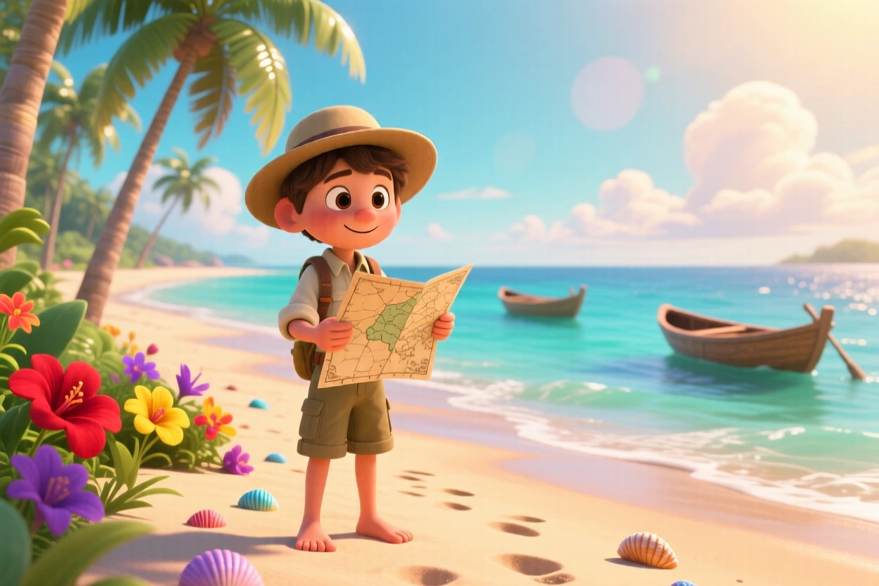 A young explorer with a map in hand stands on a tropical beach lined with swaying palm trees, sharing a quiet moment together. The scene feels vast, calm, and full of possibility, with small boats bobbing in the distance.