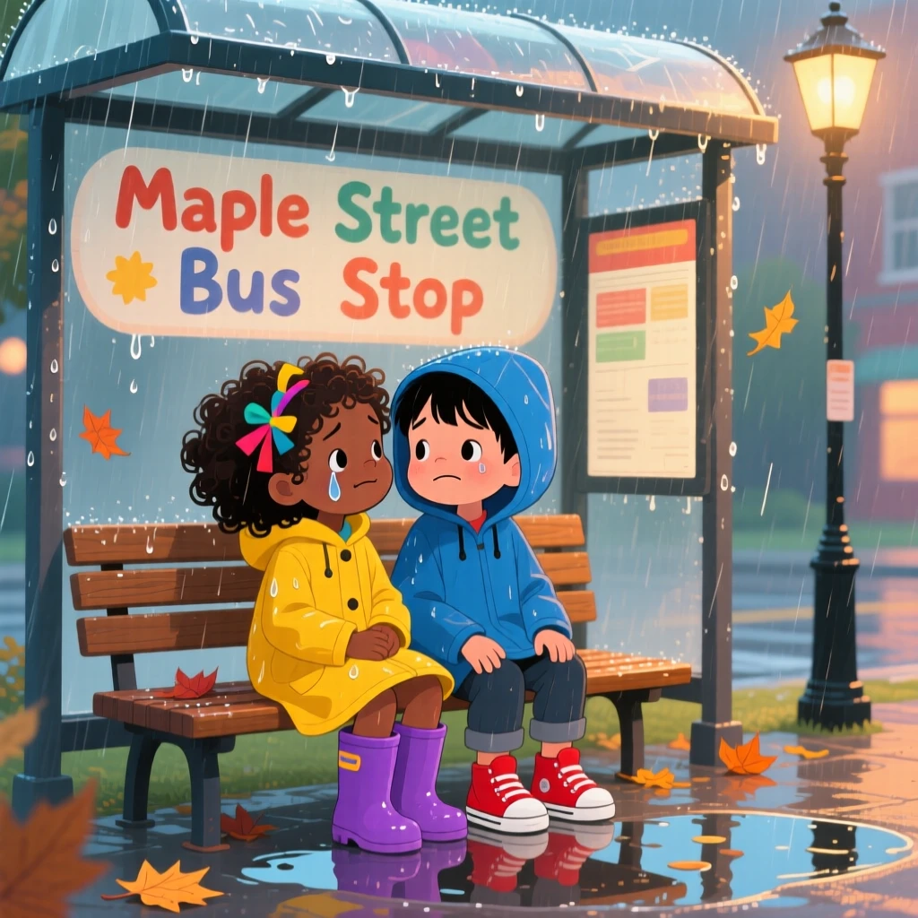 Two children from different backgrounds share a tender moment comforting each other after a hard day in a rainy bus stop, with tears turning quickly into laughter.