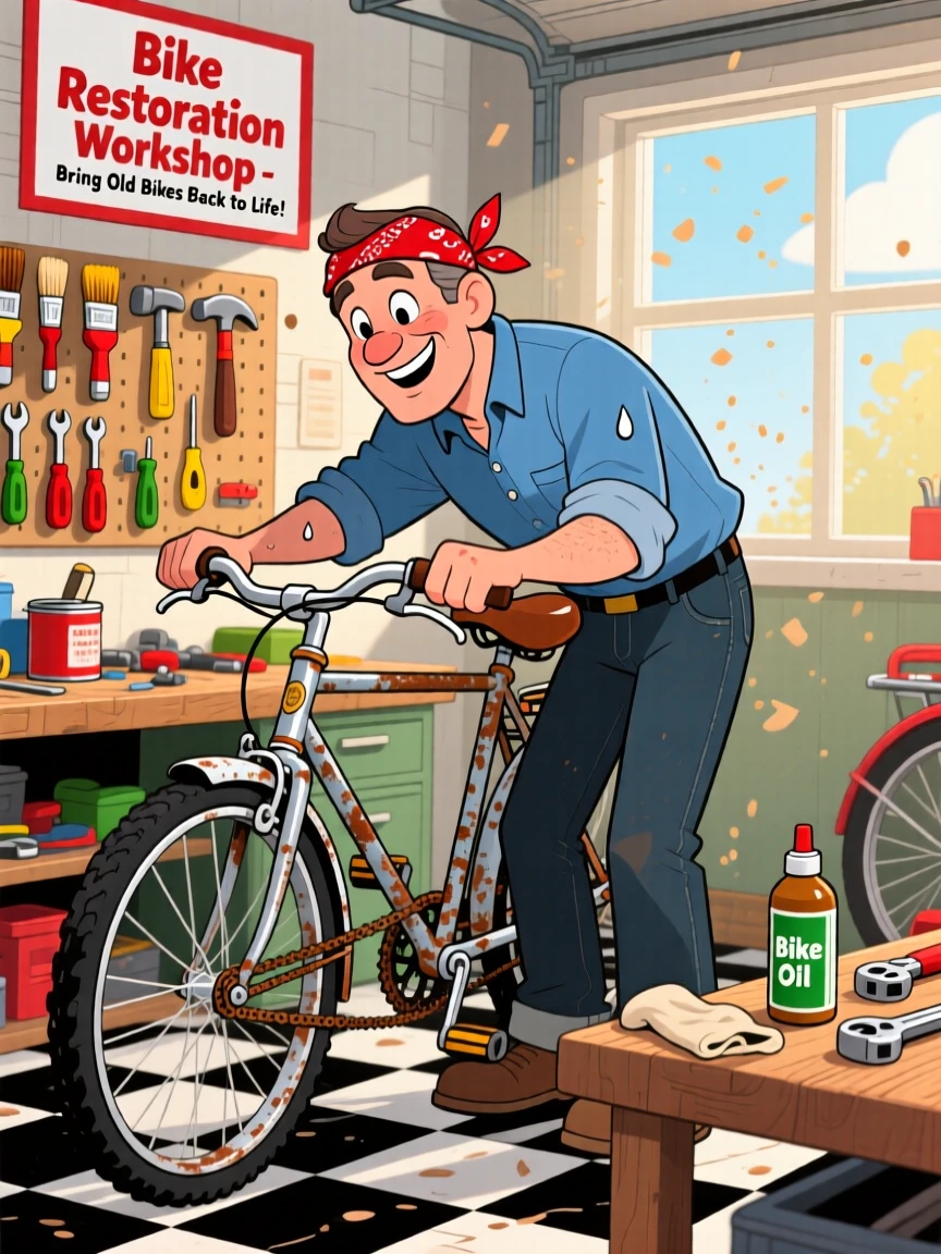 A person restoring an old bicycle in a garage workshop.