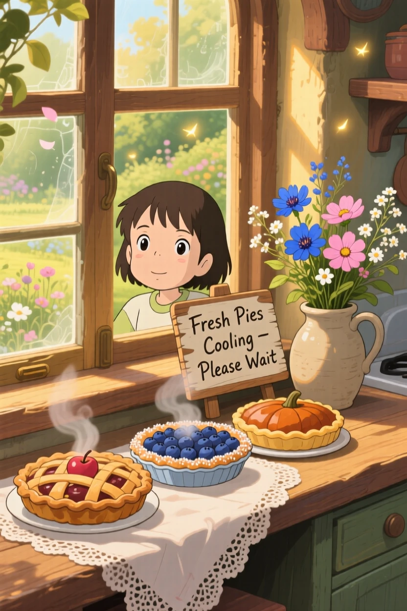 A warm, inviting scene of a windowsill lined with cooling pies, with fresh flowers arranged nearby.