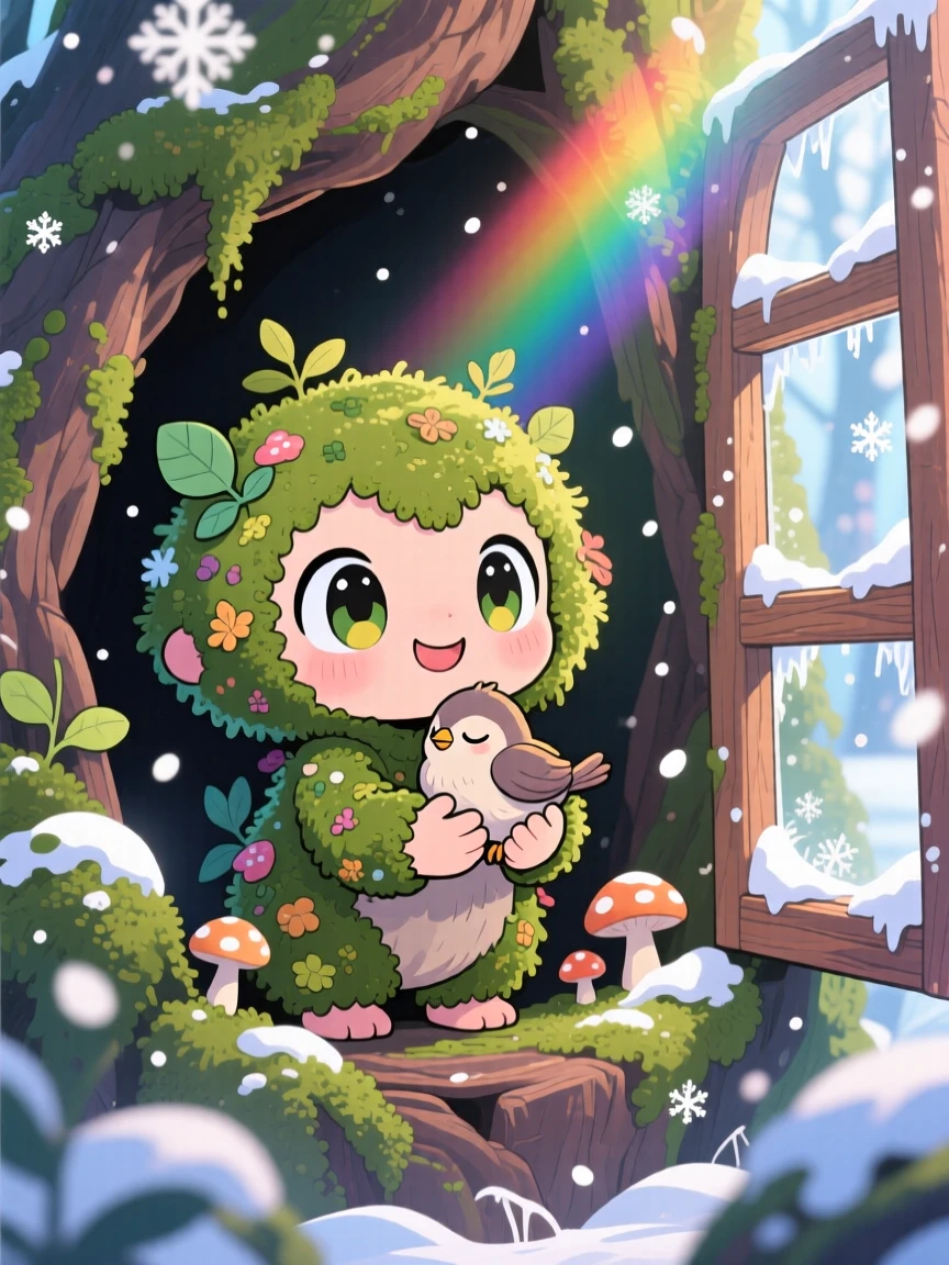 In an ancient mossy tree hollow, a moss-covered forest guardian is cradling a sleeping baby bird amid softly falling snow, bathed in bright rainbow-tinted light, expression full of warm affection. Shot as a framed through a window.