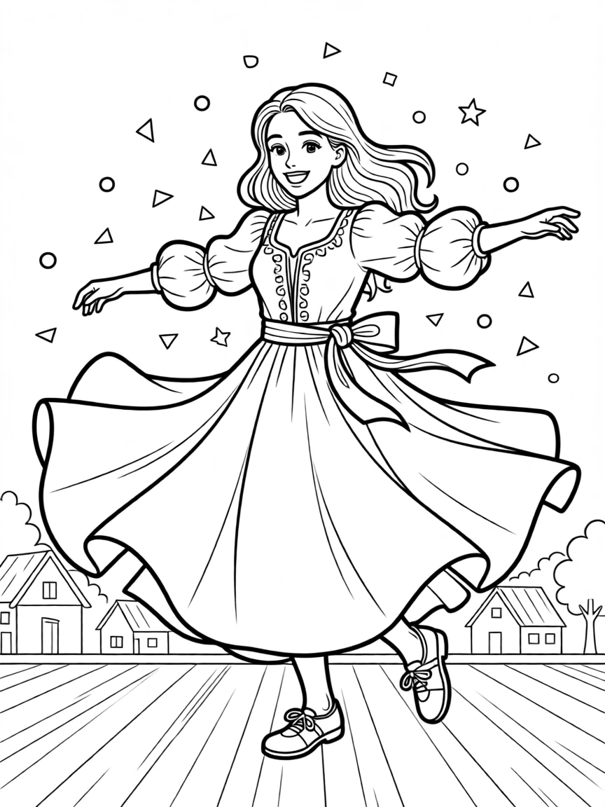 A folk dancer twirling in a flowing traditional skirt, with confetti falling through the air.