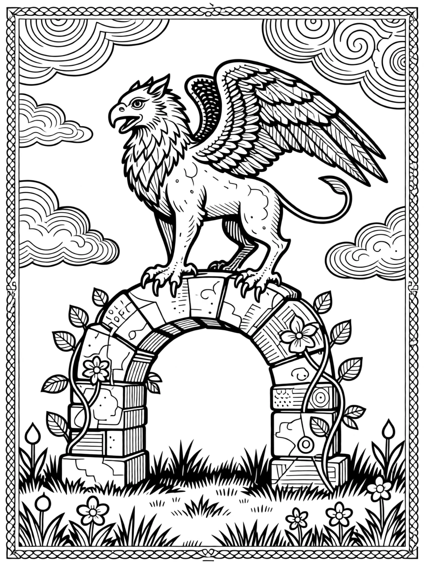 A griffin perched atop a crumbling stone archway.