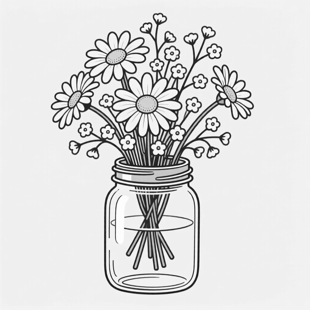 A bouquet of daisies and baby's breath in a mason jar