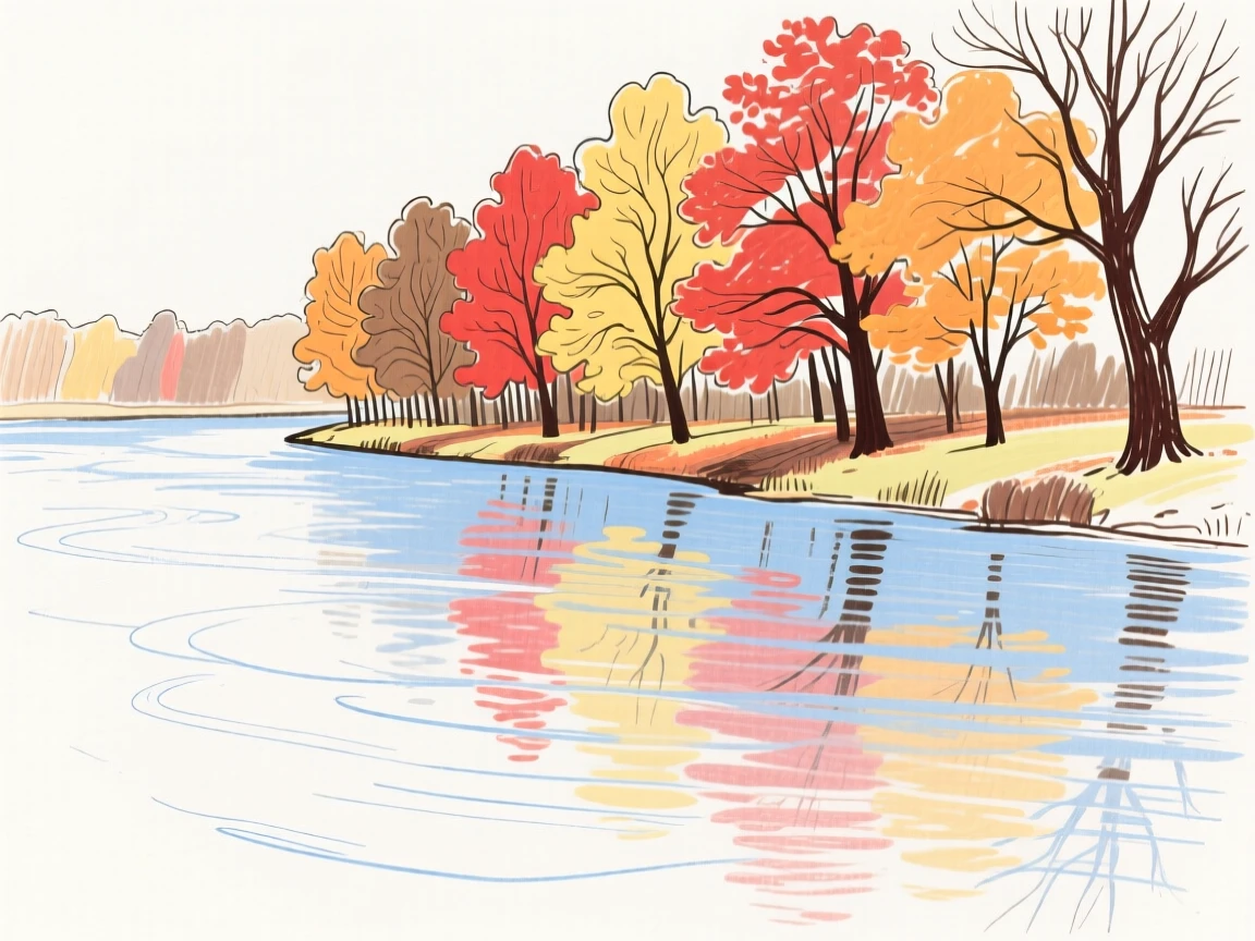 A calm river reflecting a colorful autumn tree line.