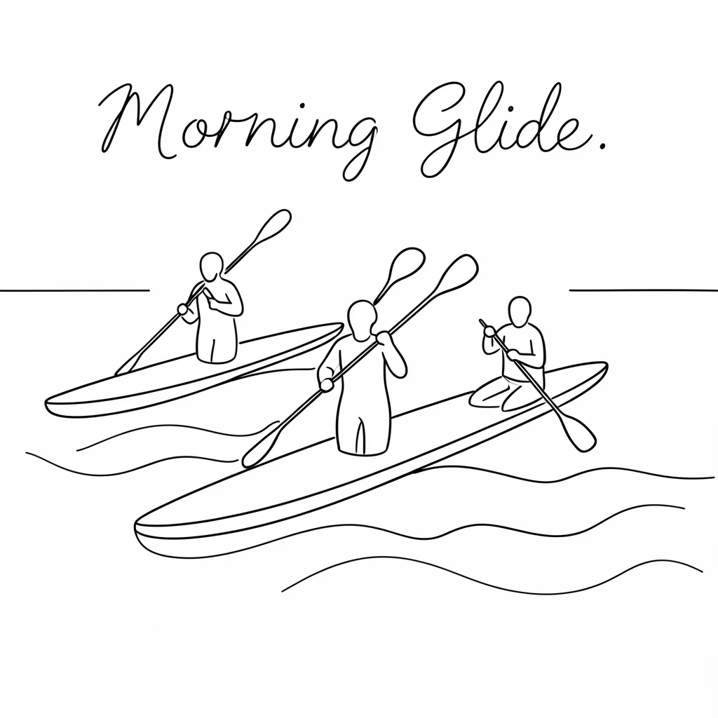 A group of paddleboarders gliding across a calm morning lake