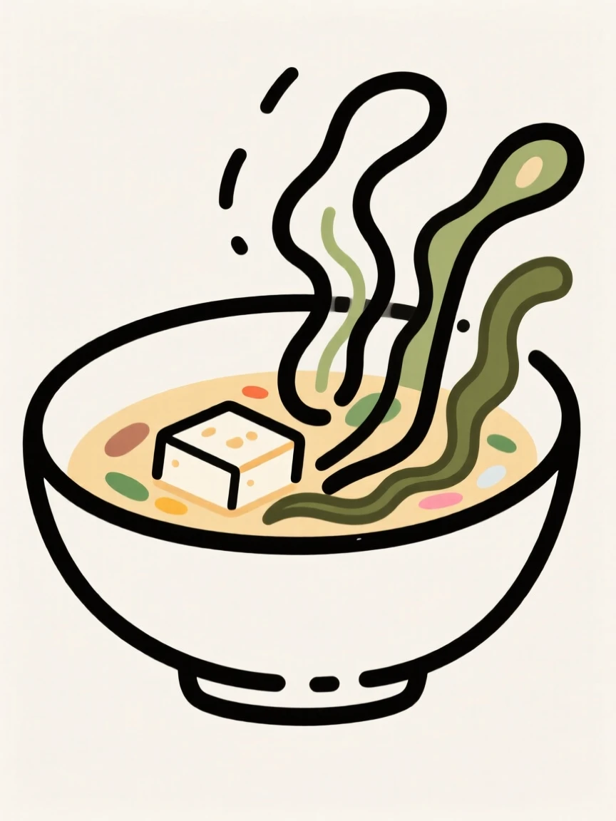 A bowl of miso soup with tofu and seaweed floating inside.