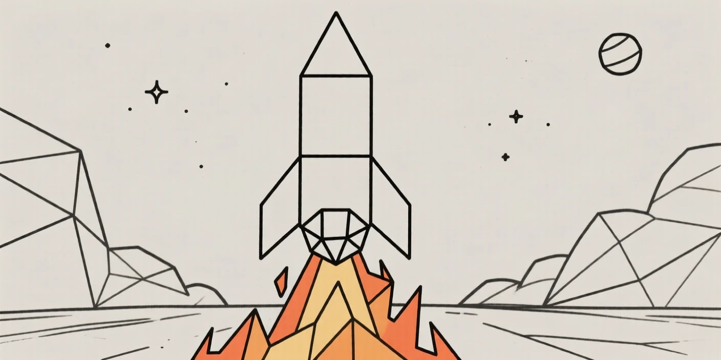 A rocket launching into space with a fiery trail