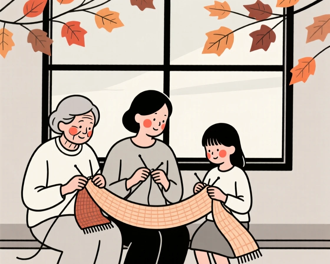 Three generations of women knitting a scarf by a window, under a canopy of autumn leaves.