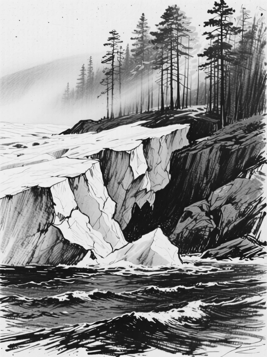 A glacier calving into the sea with golden light streaming through the trees.