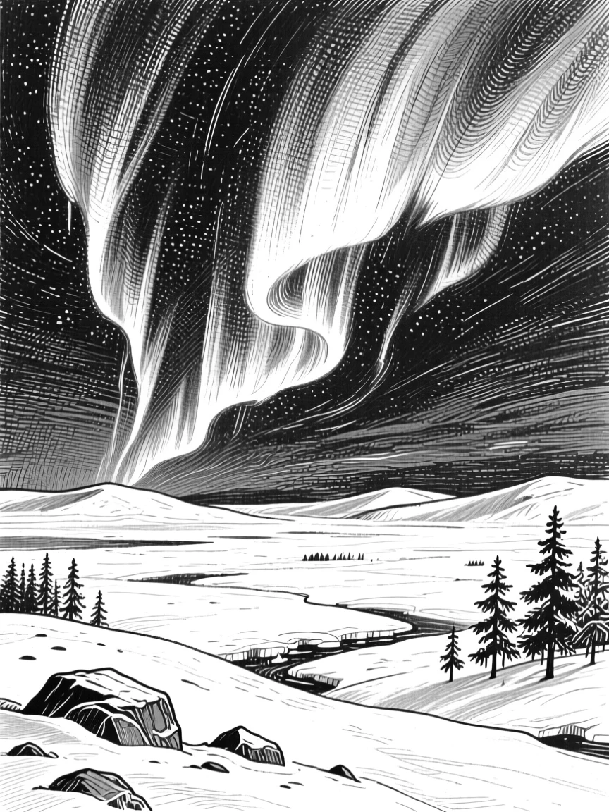 A dramatic aurora borealis dancing above a snowy arctic landscape.