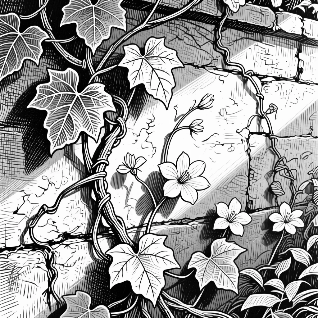 A trailing ivy vine growing wild along a garden wall, with petals catching a beam of light, composed in a full of quiet beauty still-life arrangement.
