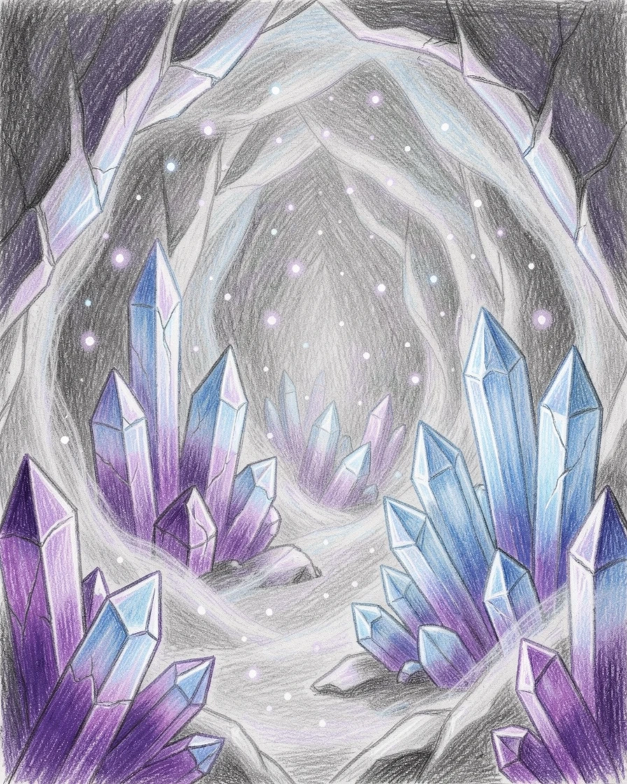 A crystal cave glowing with soft blue and violet light, surrounded by swirling mist and drifting sparkles of light, designed to feel enchanting, dreamy, and otherworldly.