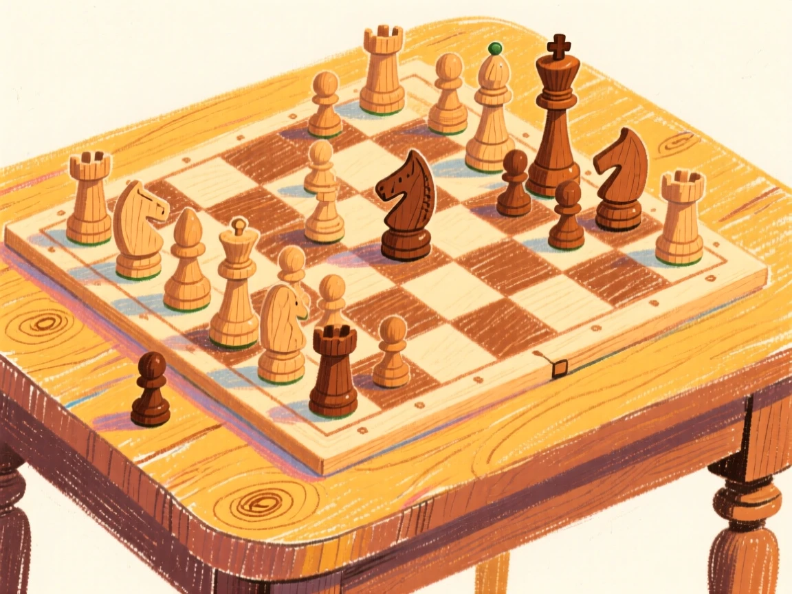 A wooden chess set mid game on an antique table.