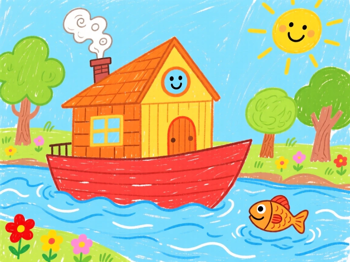 A floating houseboat on a peaceful river.