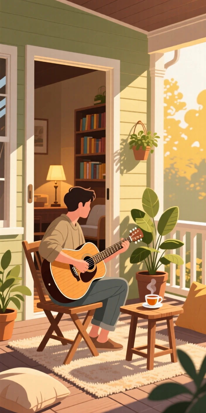 A musician playing acoustic guitar on a sunlit porch, inside a cozy home filled with warm light, captured from behind to invite the viewer into the moment, with a sense of warmth and togetherness in every detail.