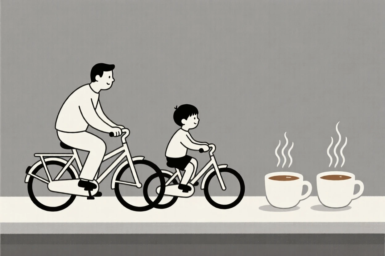A portrait of a father and son riding bicycles near steaming cups of tea, filled with nostalgic comfort.