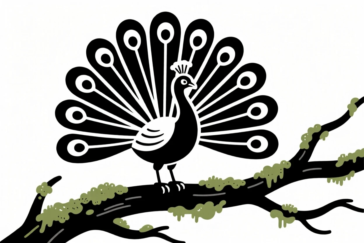 A peacock with its tail fanned open perched on a mossy branch.