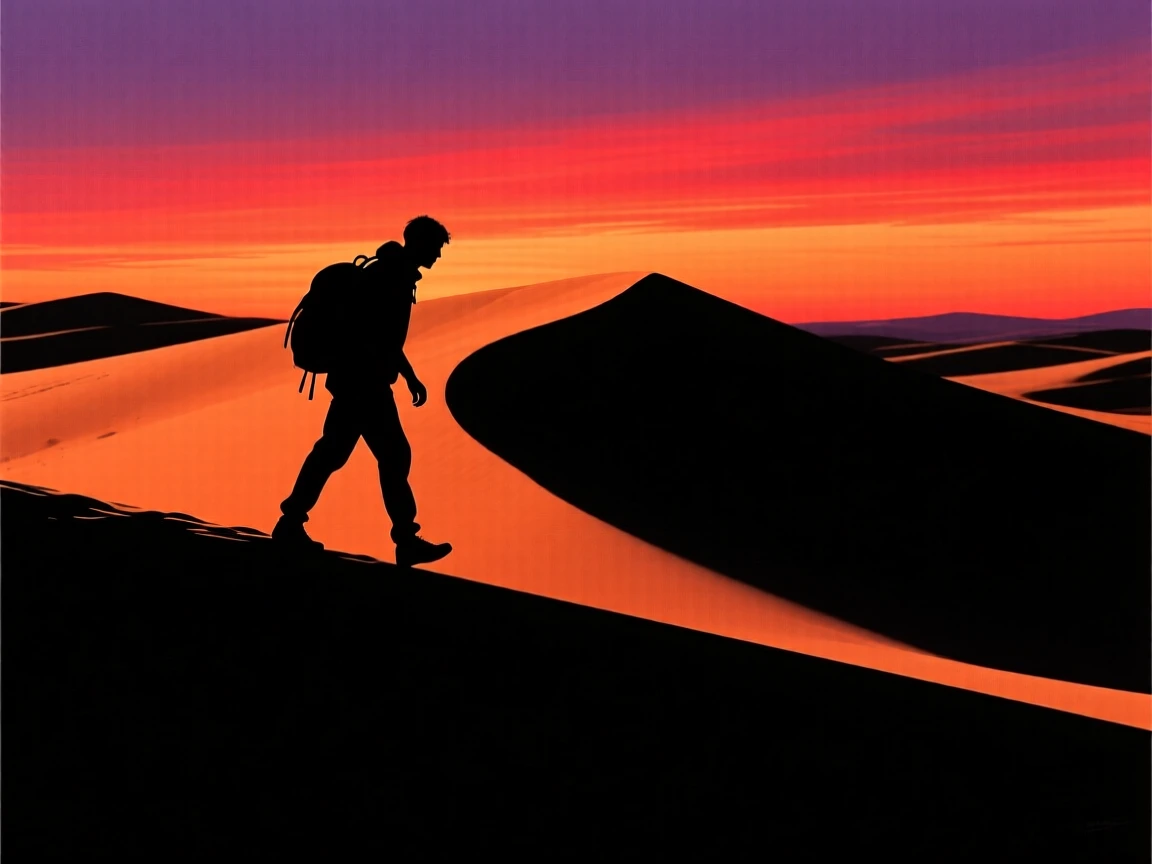 A lone figure crossing tall desert dunes on foot at sunset, backpack in tow.