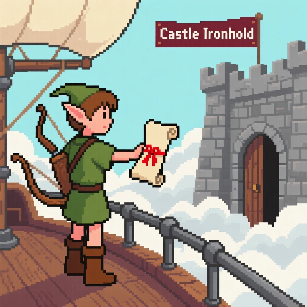 A small elf scout with a bow delivering a scroll to a castle gate, on the deck of an airship among the clouds.