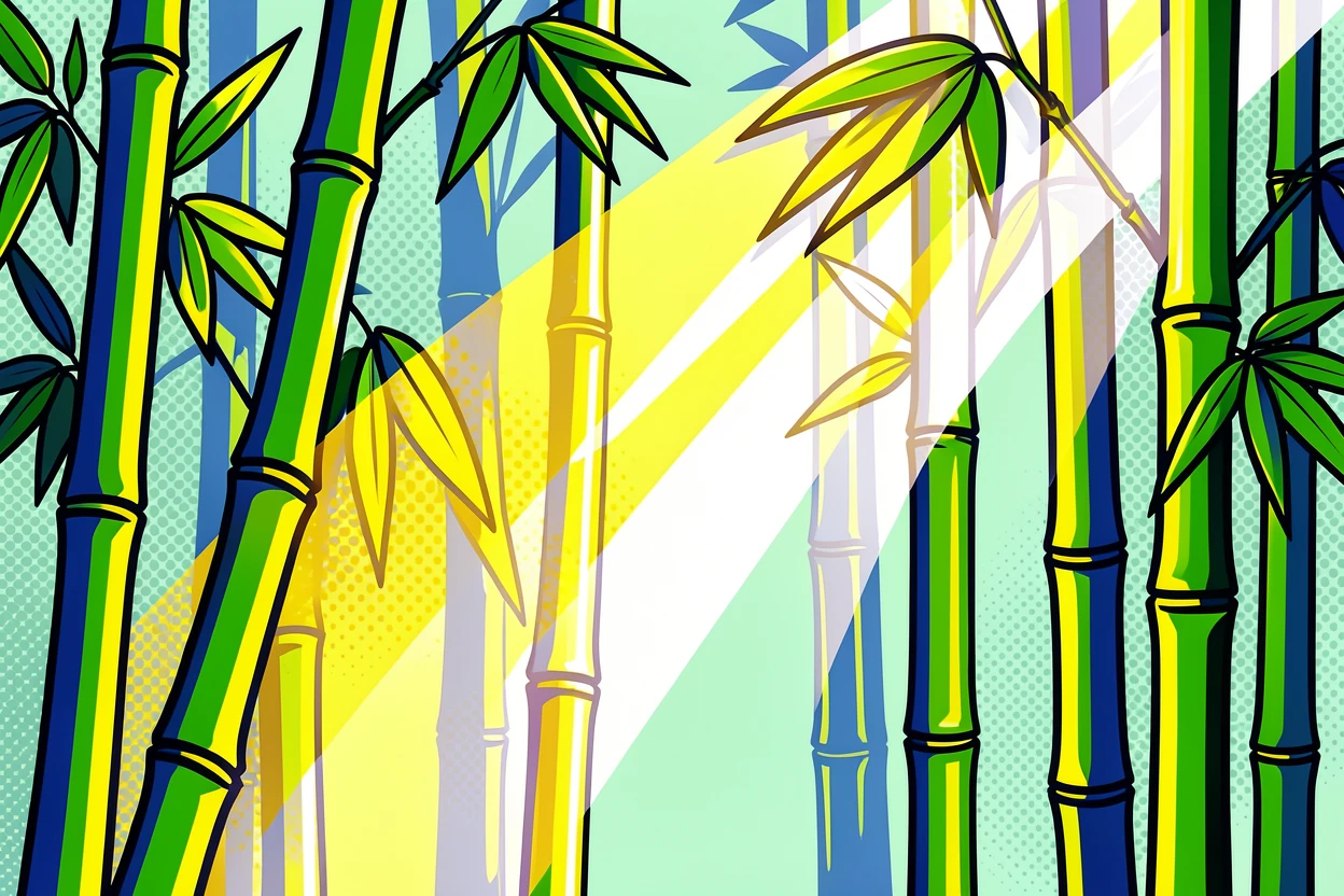 A bamboo forest with light filtering through stalks