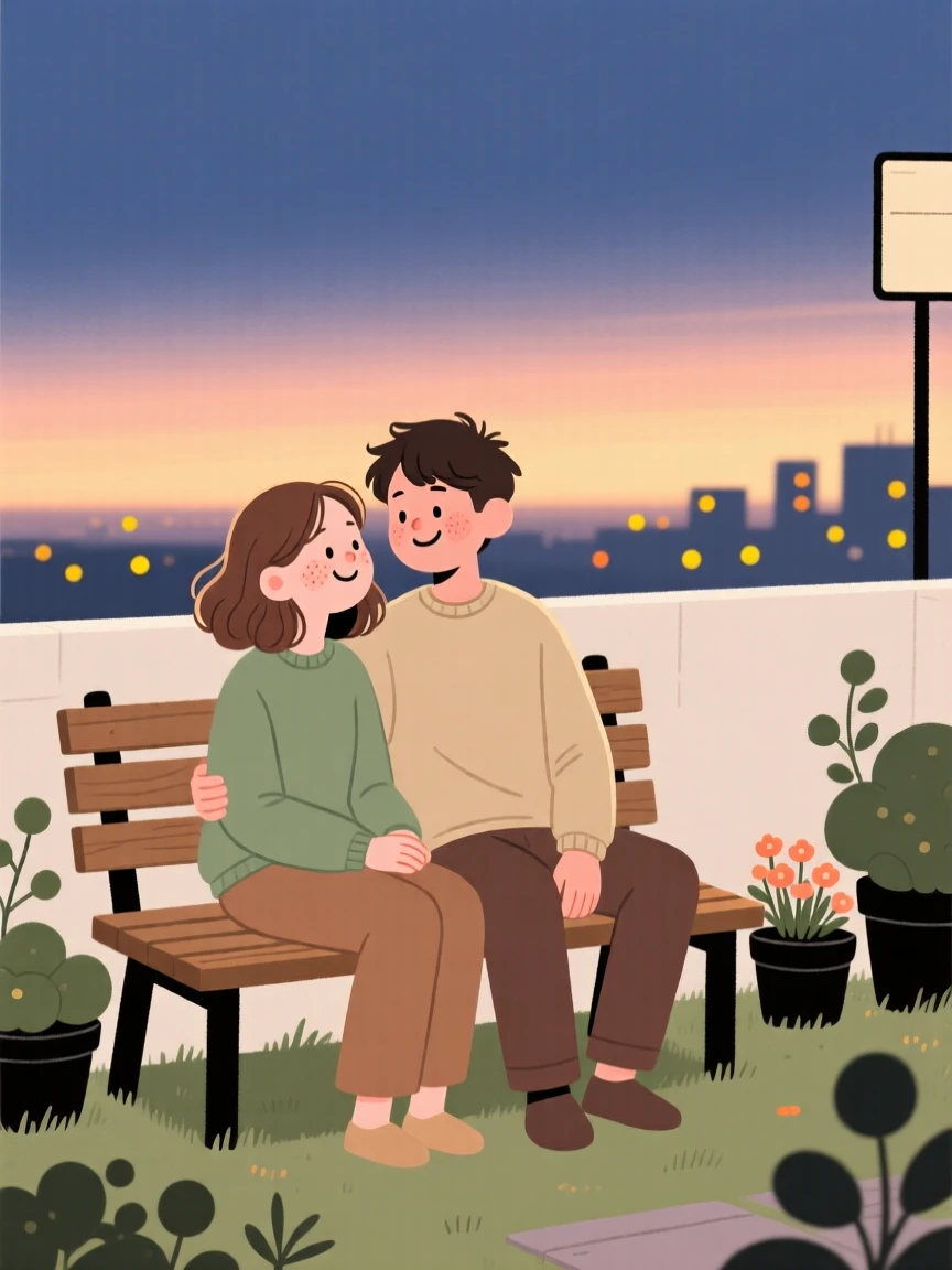 A couple shares a quiet moment on a garden bench at dawn, exchanging a warm smile as the city lights begin to glow surrounds them.