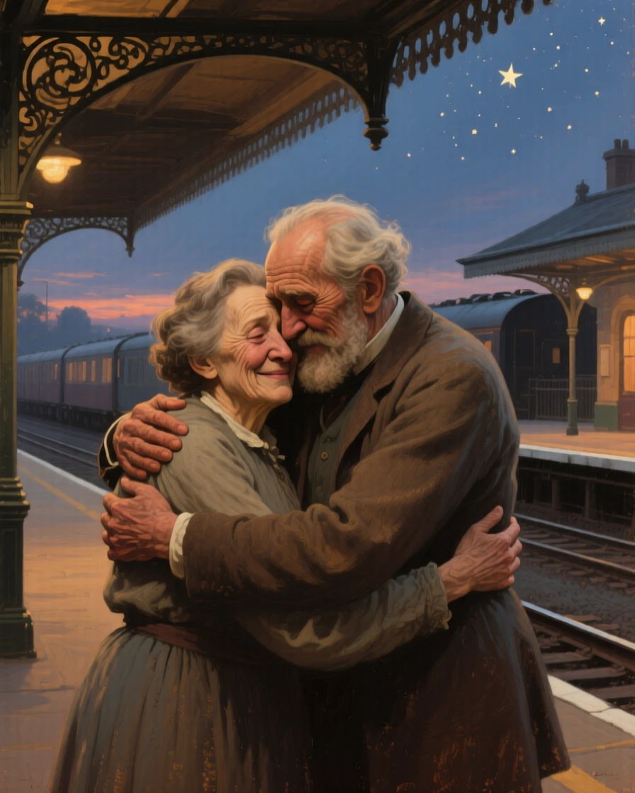 A tightly framed close-up of two old friends embracing warmly after years apart on a train platform, at twilight, under a canopy of stars.