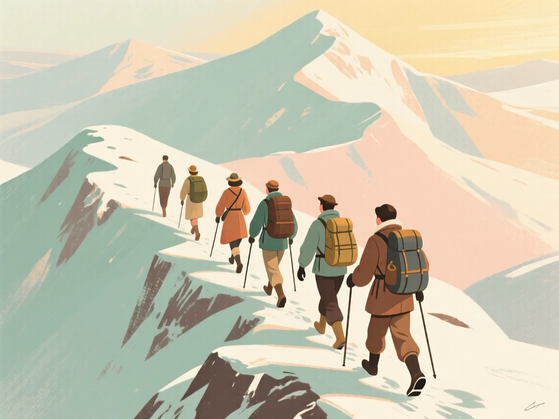 A group of explorers trekking across a snowy mountain ridge