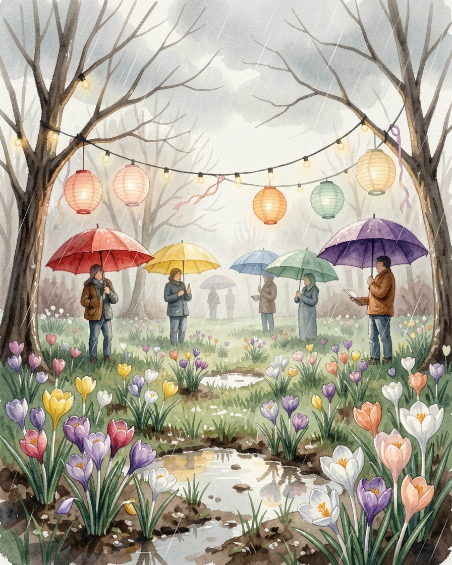 A rainy April day with colorful umbrellas and blooming crocuses with festive decorations glowing softly.